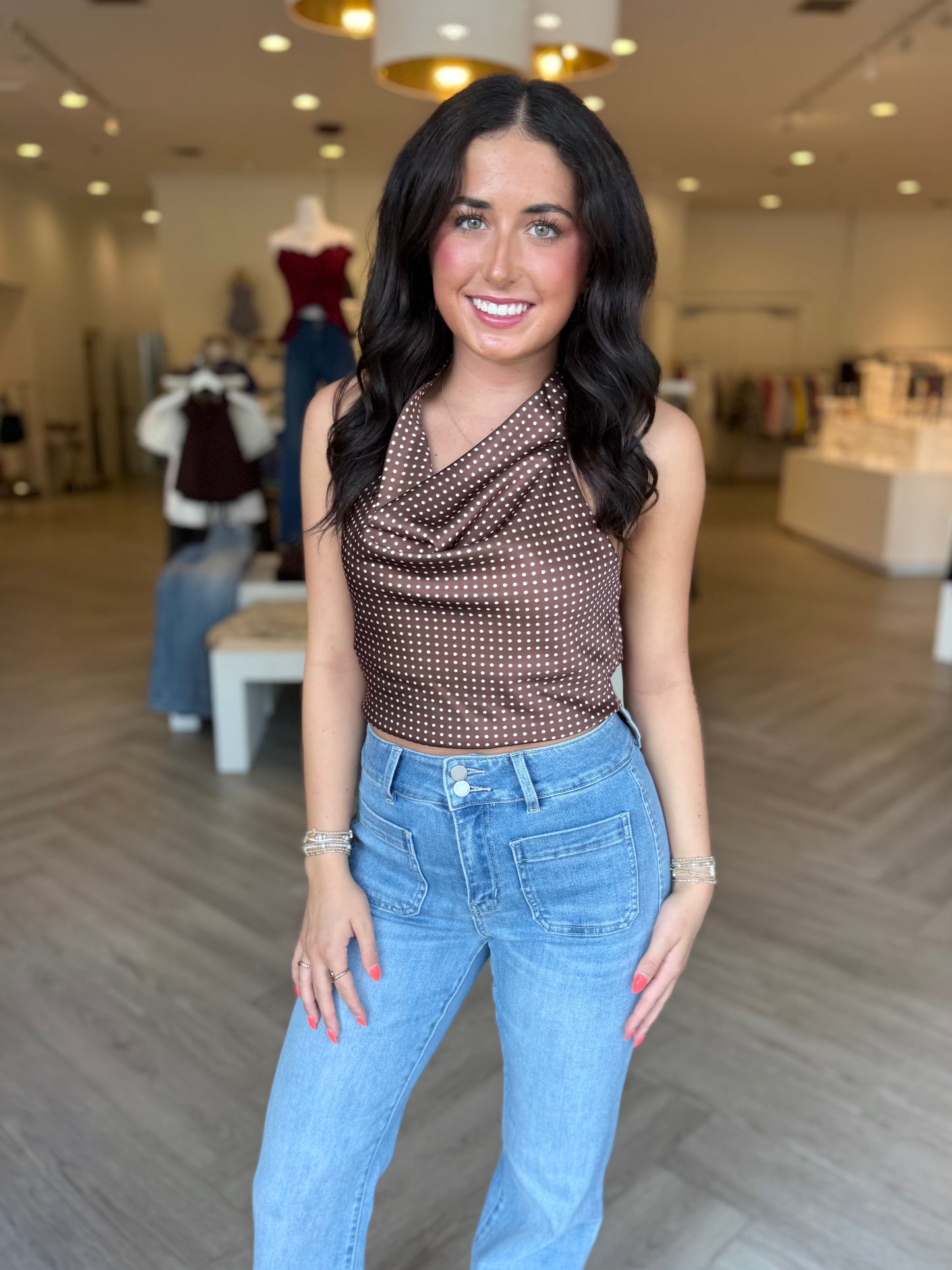 Brown Polka Dot Cowl Neck Top