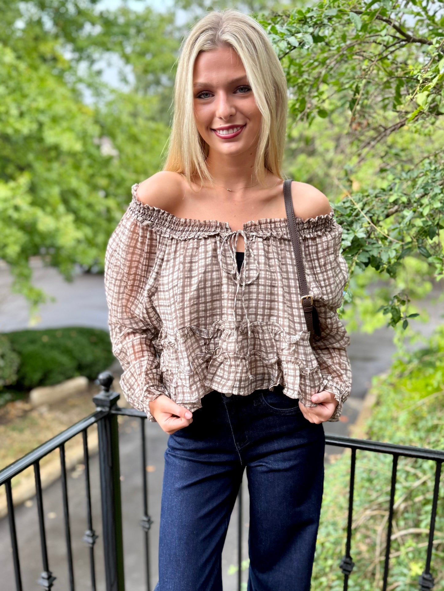 Brown Plaid Smocked Top