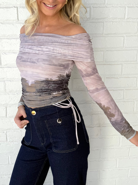 Brown Print Mesh O/S Top