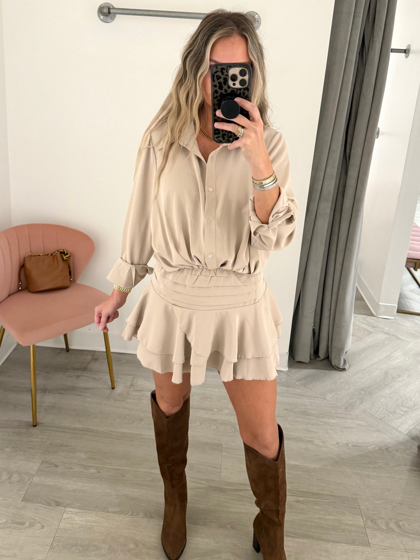 Beige Flowy Woven Shirt Dress