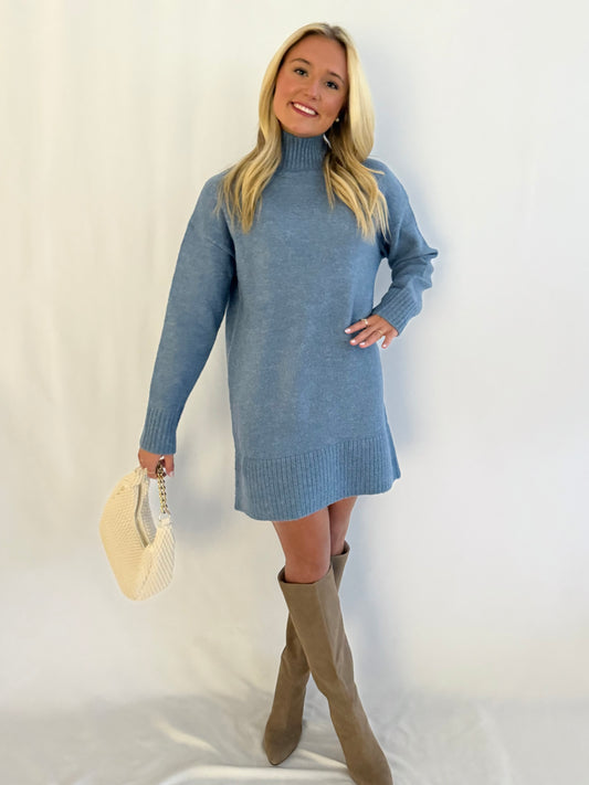 Blue High Neck Sweater Dress