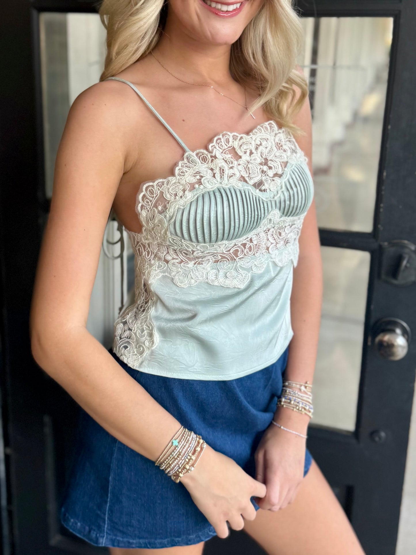 Sage Lace Satin Top