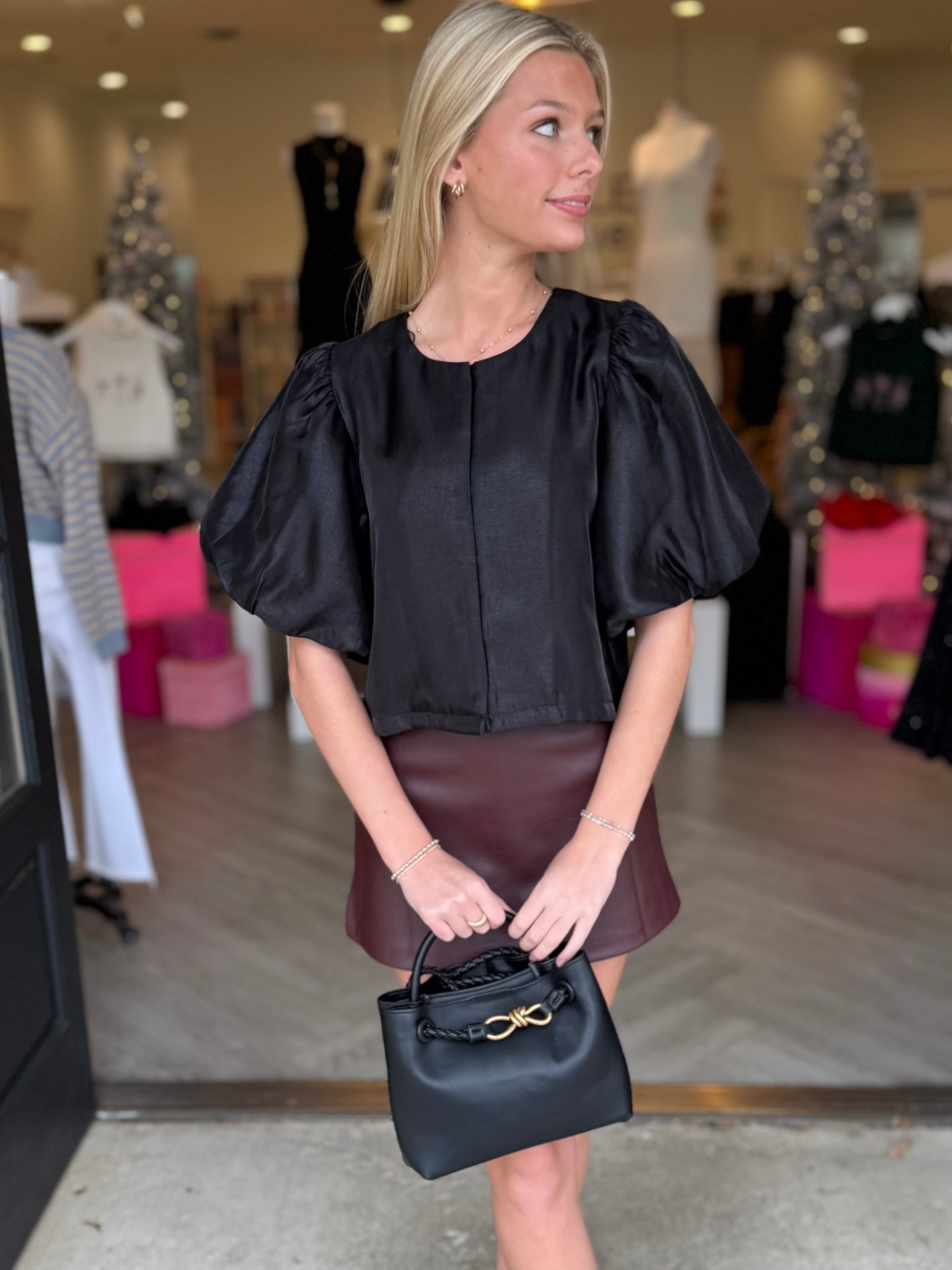 Black Satin Puff Sleeve Top