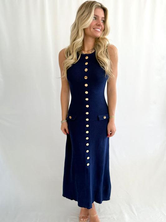 Navy Gold Button Knit Dress