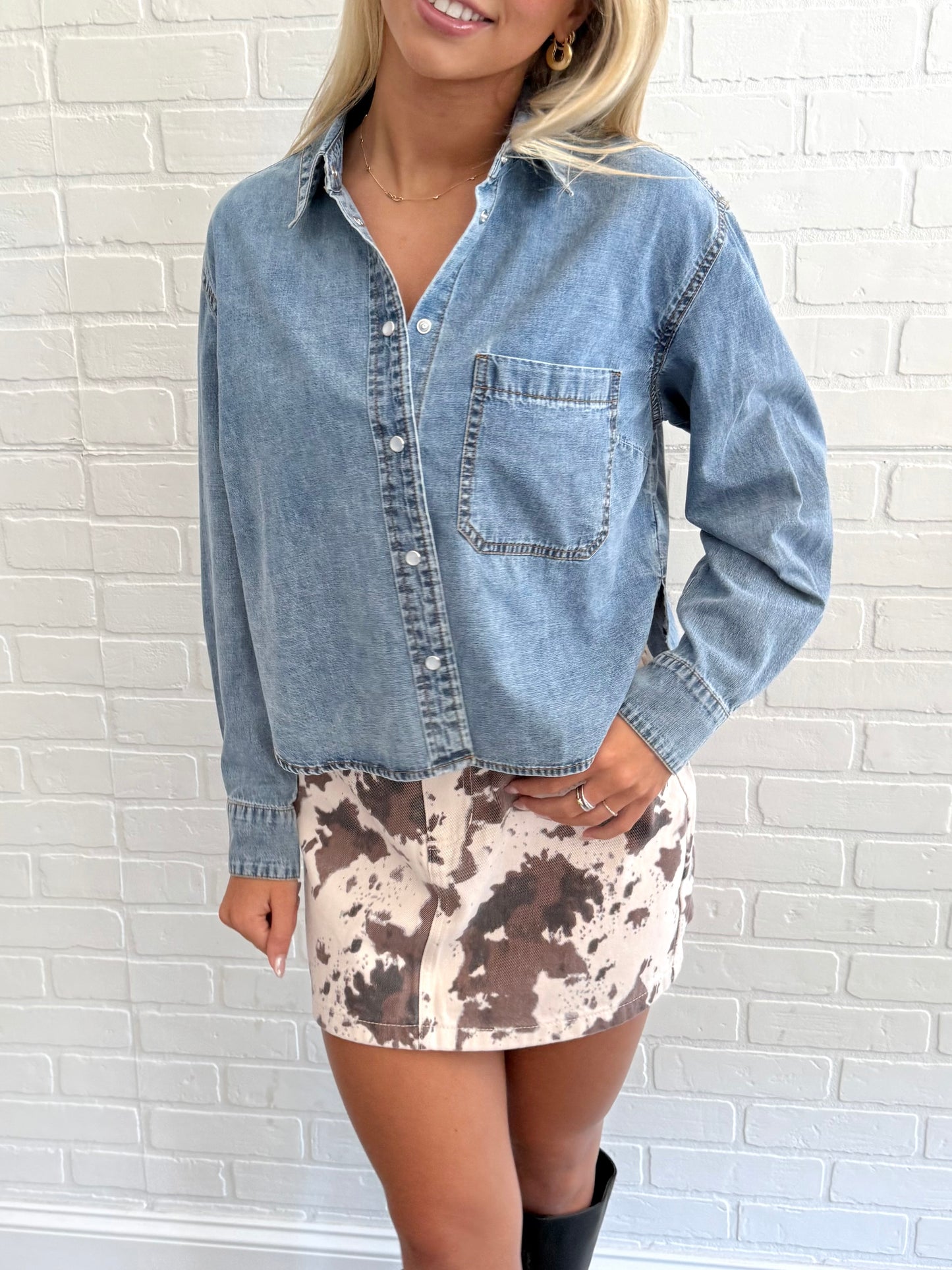 Denim Glass Button Cropped Jacket
