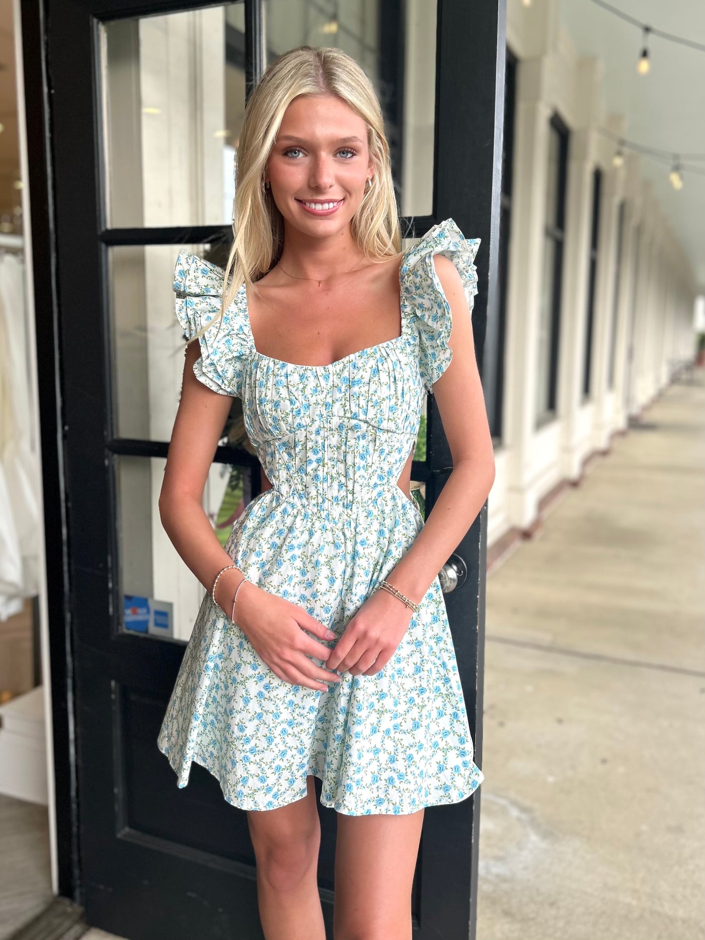 Blue Flutter Sleeve Cutout Mini