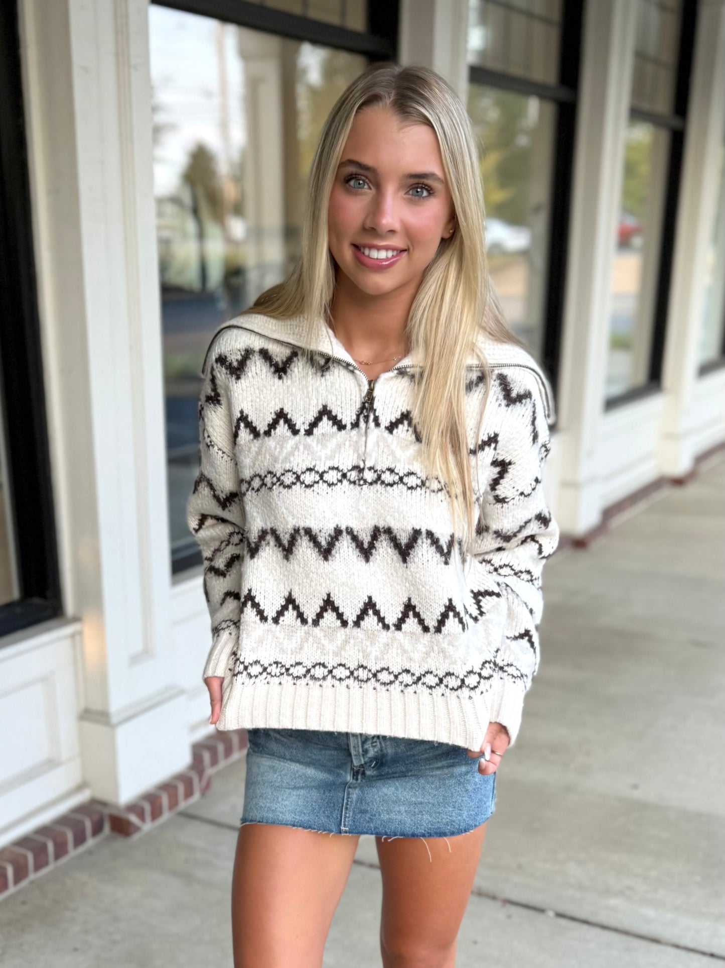Cream/Brown Zig Zag Half Zip
