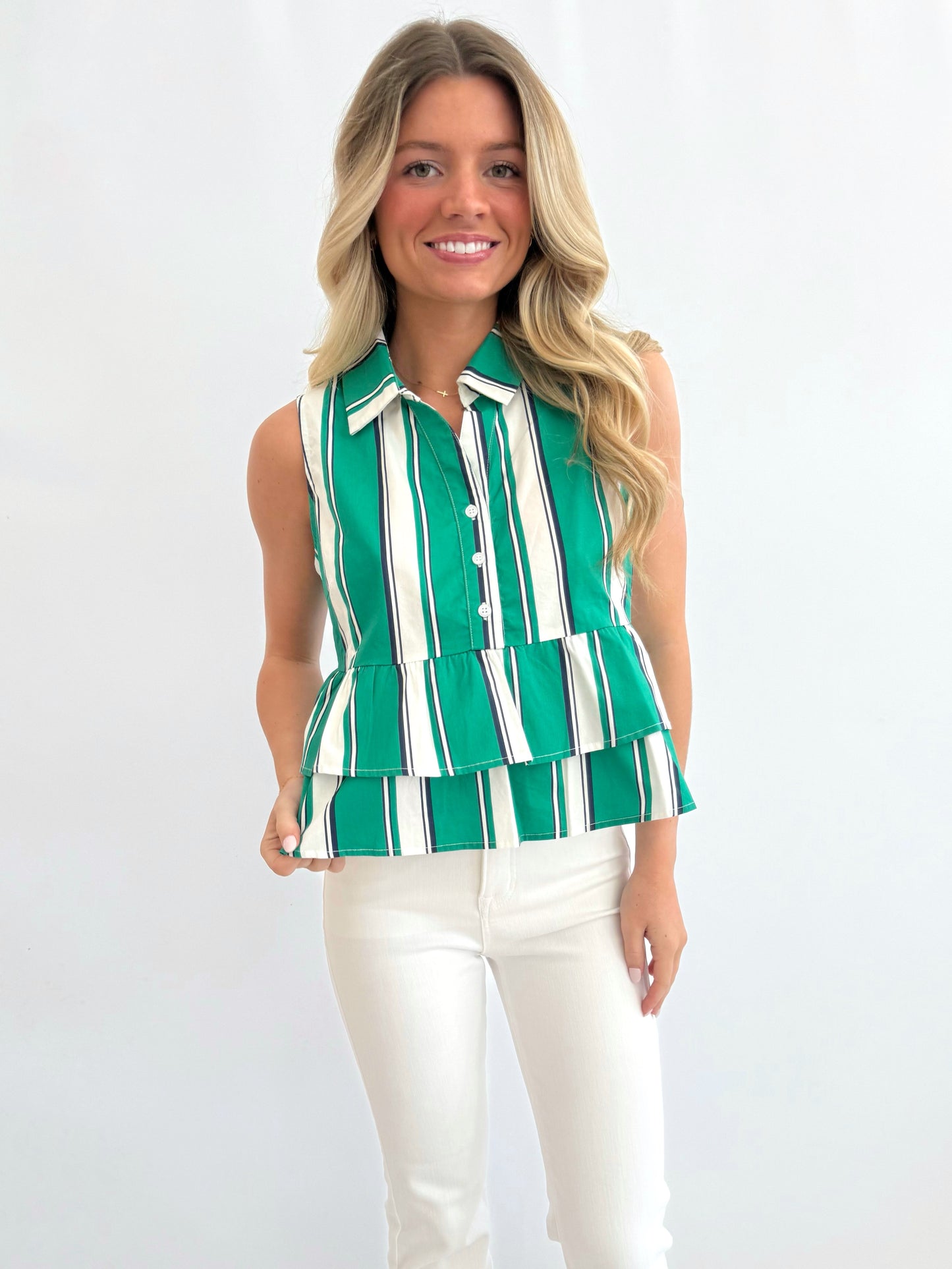 Green Stripe Ruffle Top