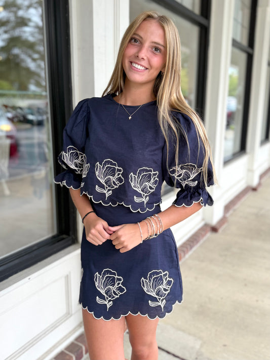 Navy Embroidered Crop Top