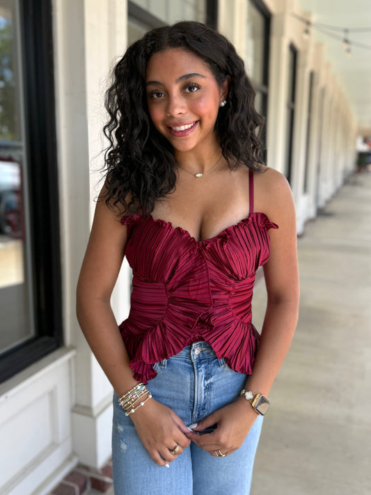 Burgundy Ruffle Satin Top