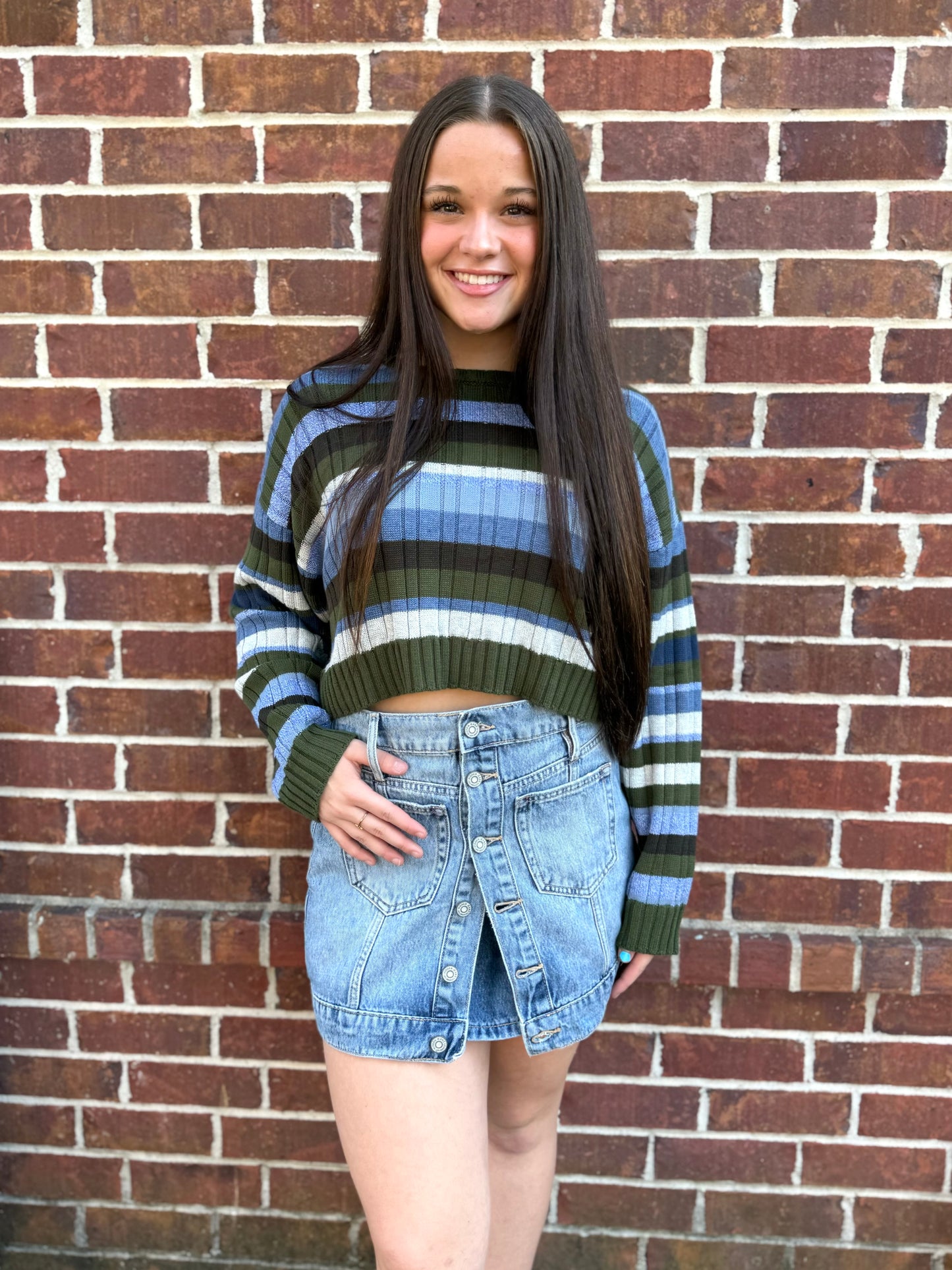 Olive-Multi Stripe Crop Sweater