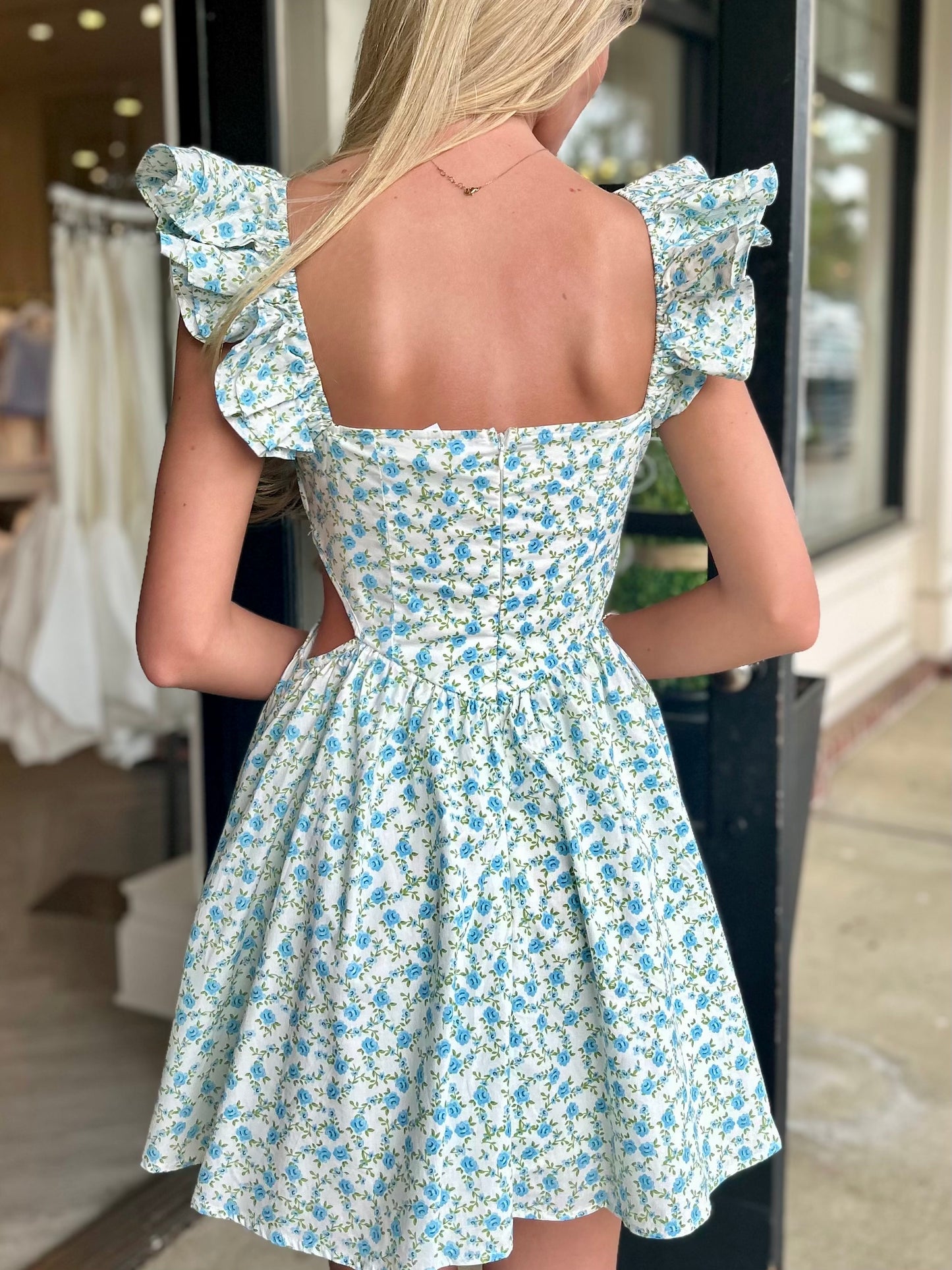 Blue Flutter Sleeve Cutout Mini