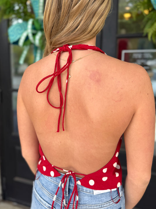 Red Polka Dot Tie Halter Top