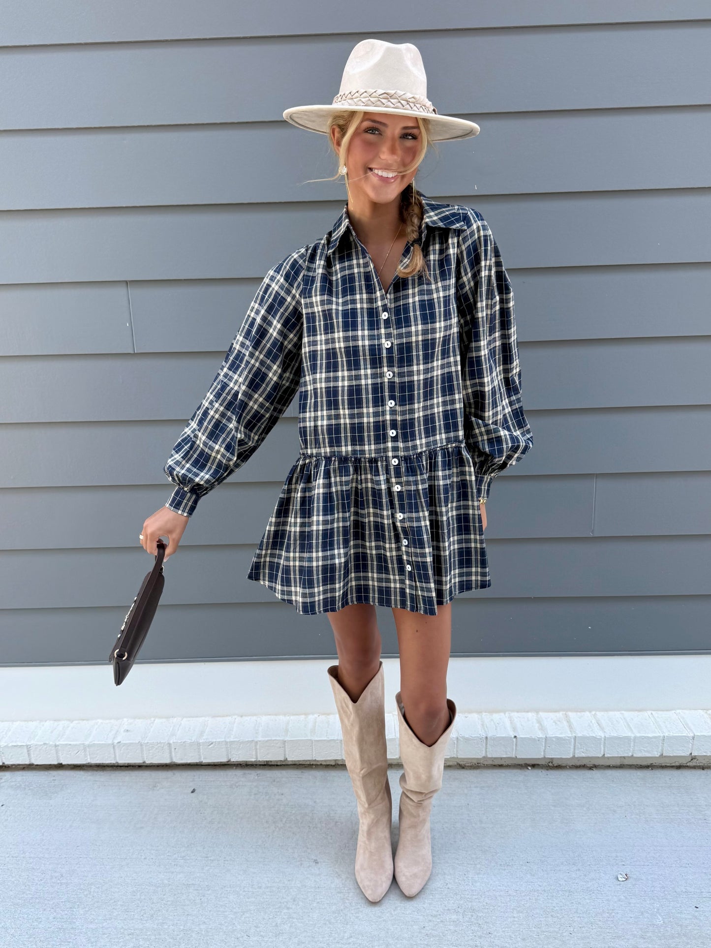 Navy Plaid L/S Dress