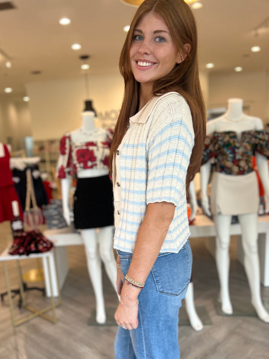 Natural/Blue Stripe Collar Top