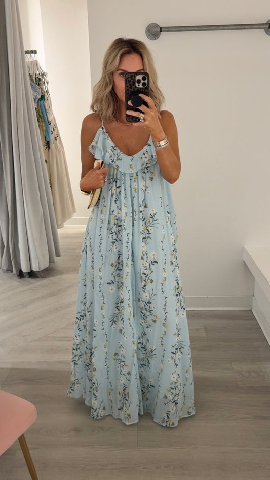 Blue/Yellow Ruffle Yoke Maxi