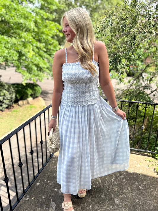 Blue Smocked Gingham Maxi