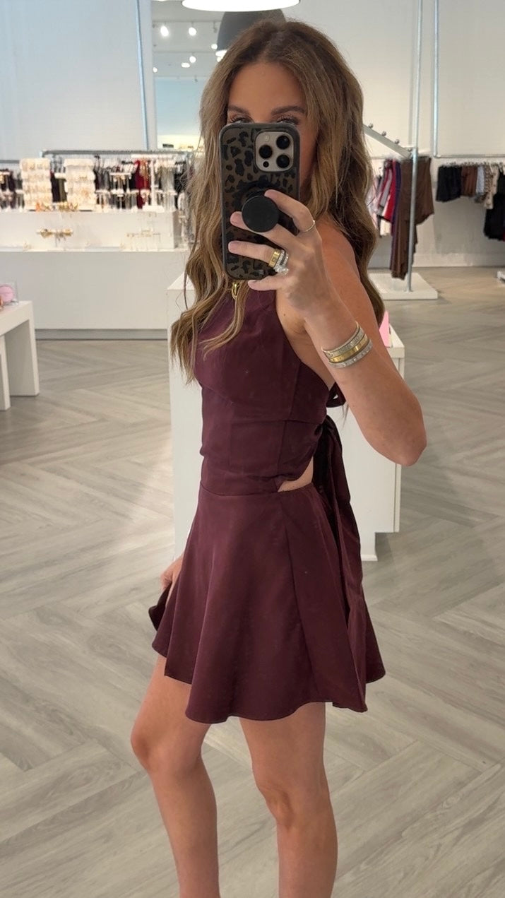 Burgundy Halter Drop Waist Dress