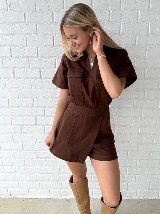 Brown Denim Flap Pocket Romper
