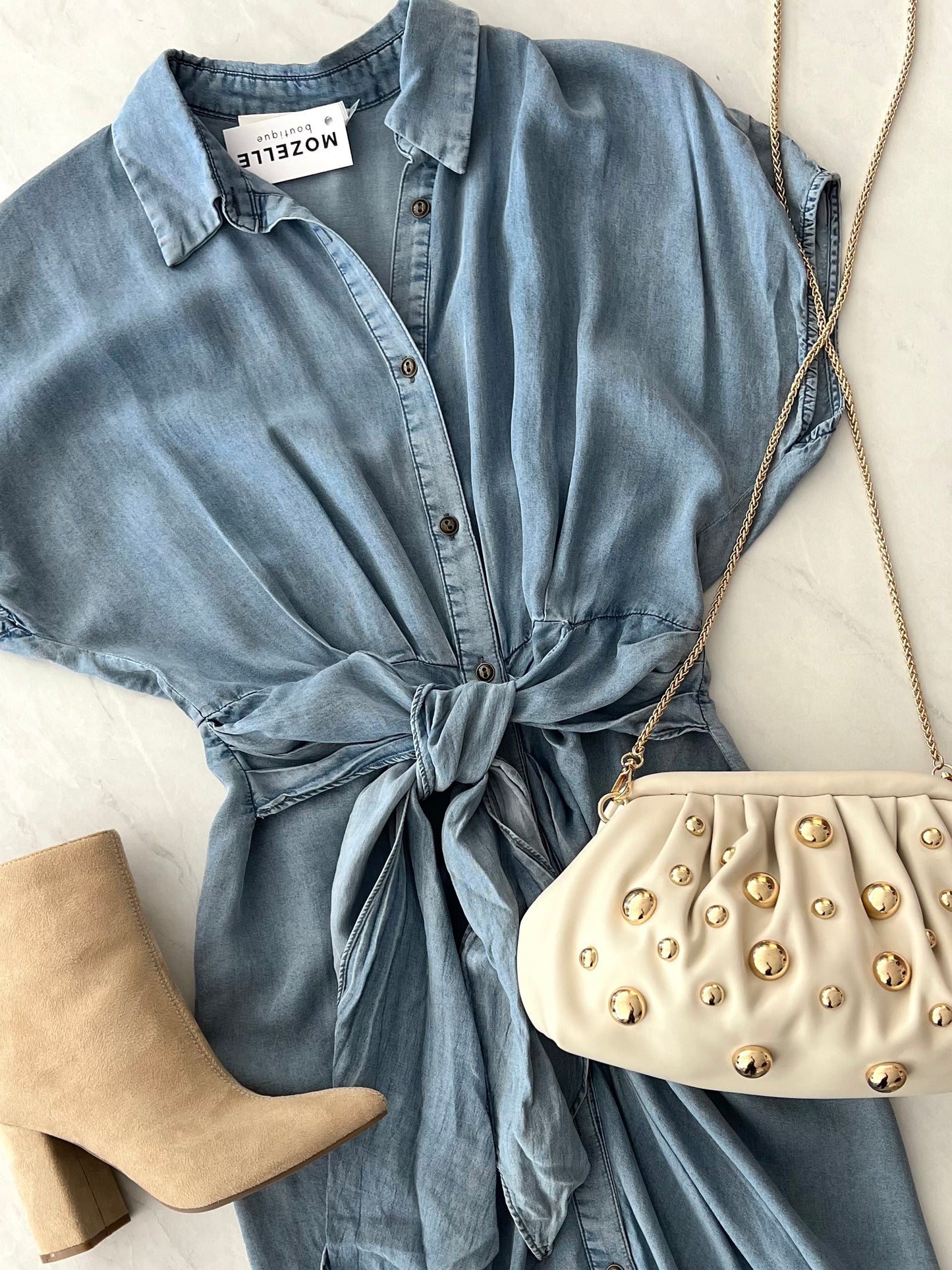 Denim Ruched Waist Tied Dress