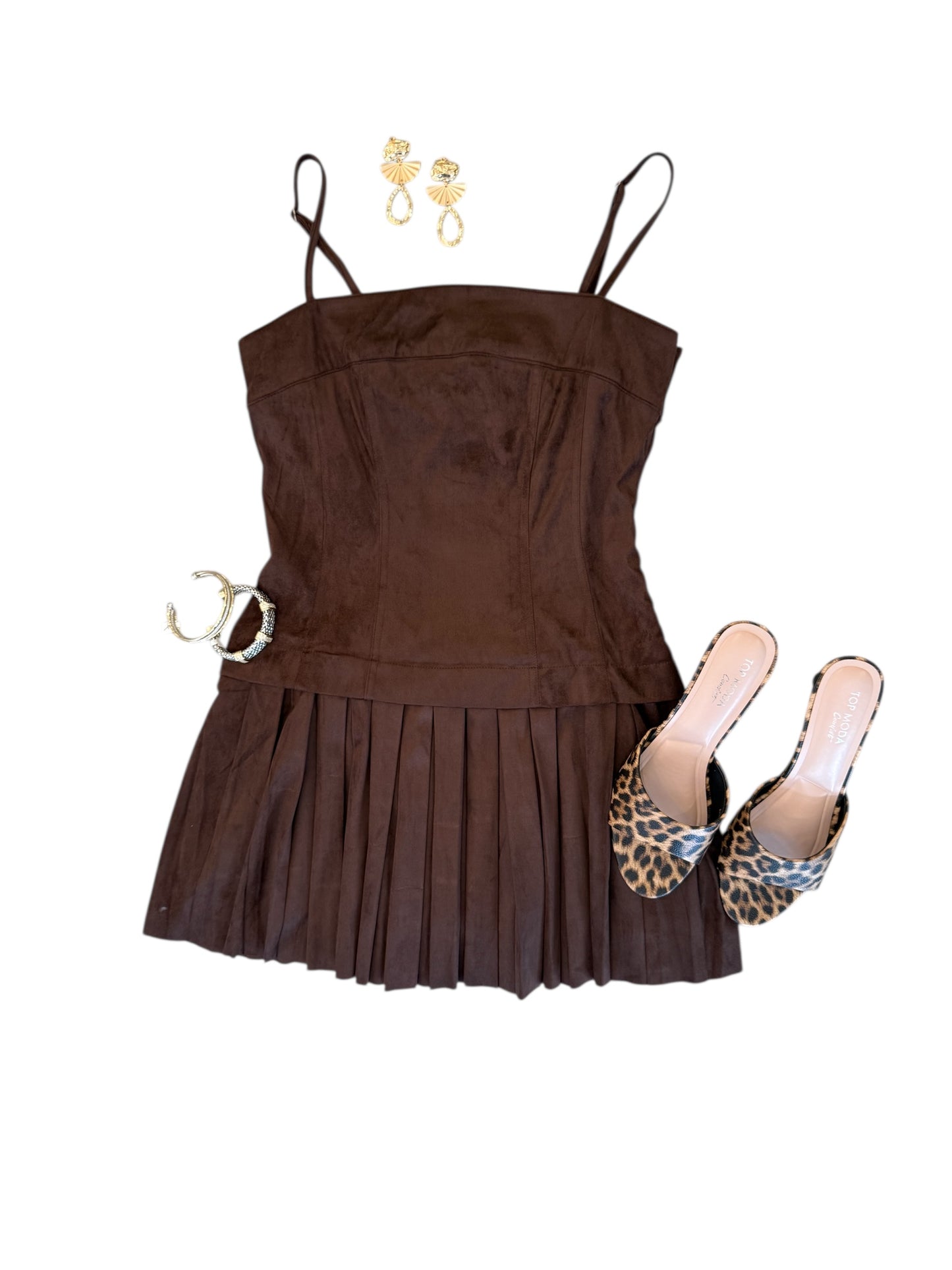 Coffee Suede Pleated Mini