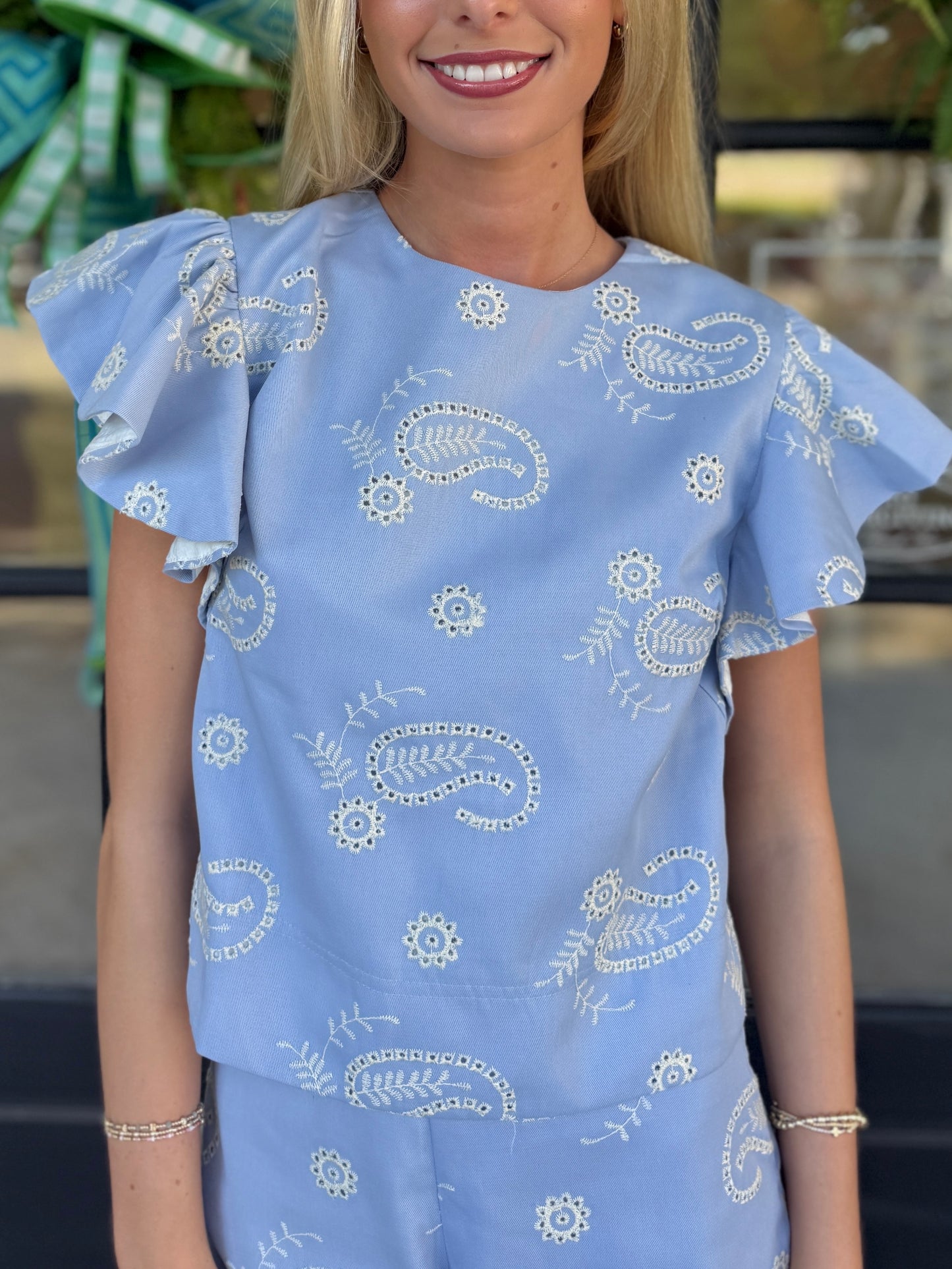 Blue Stitched Vine Top