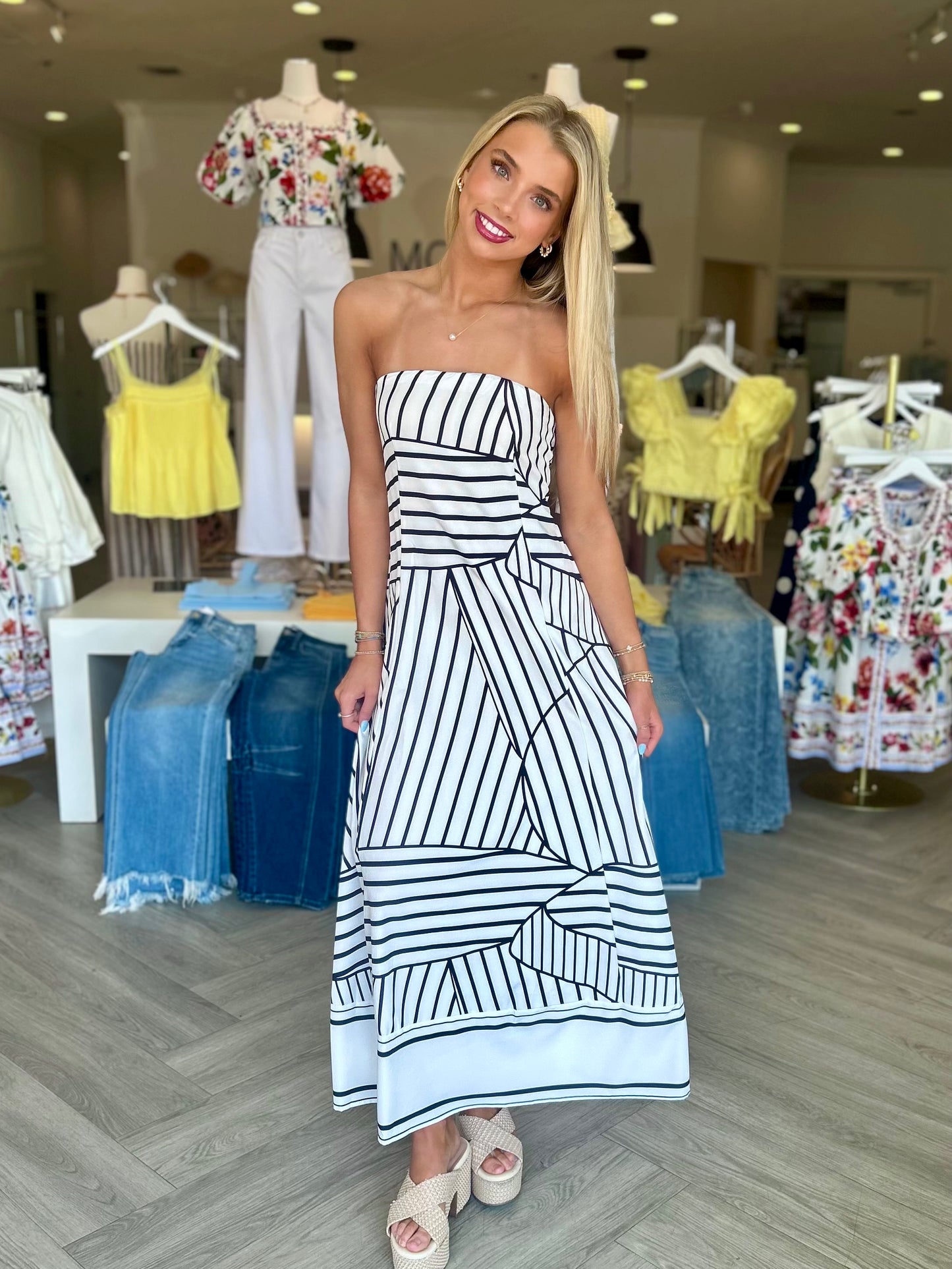 Black Blocked Out Stripe Tube Midi