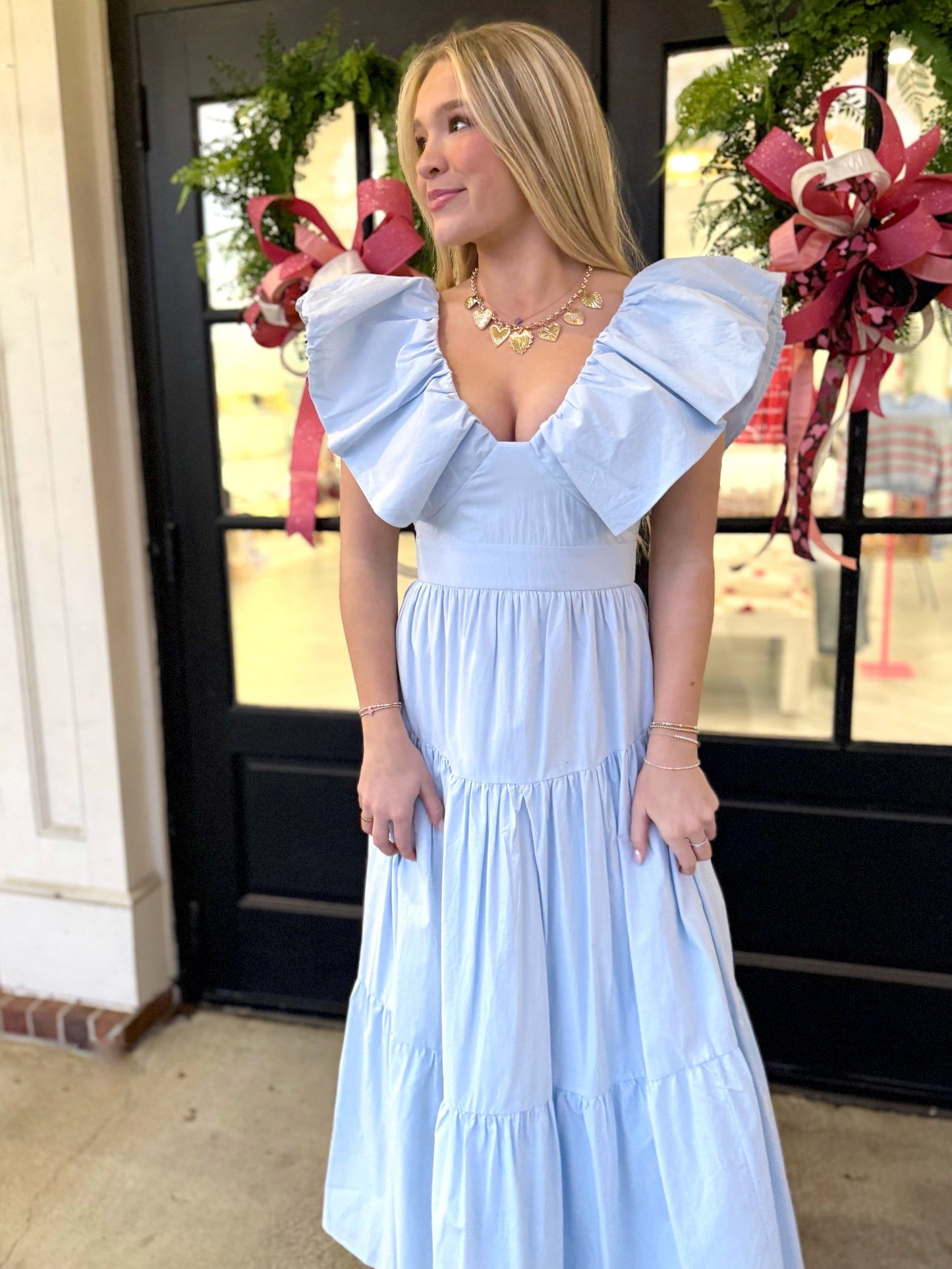 Blue V-Neck Ruffle Tiered Maxi