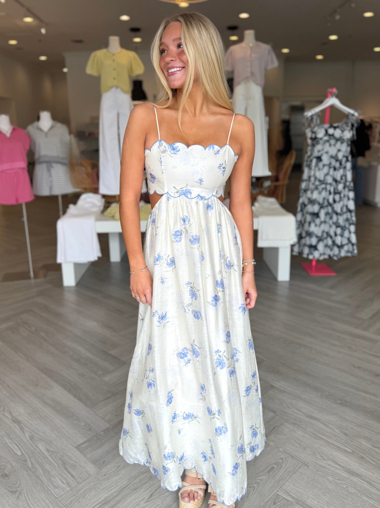 Blue Floral Scallop Midi Dress