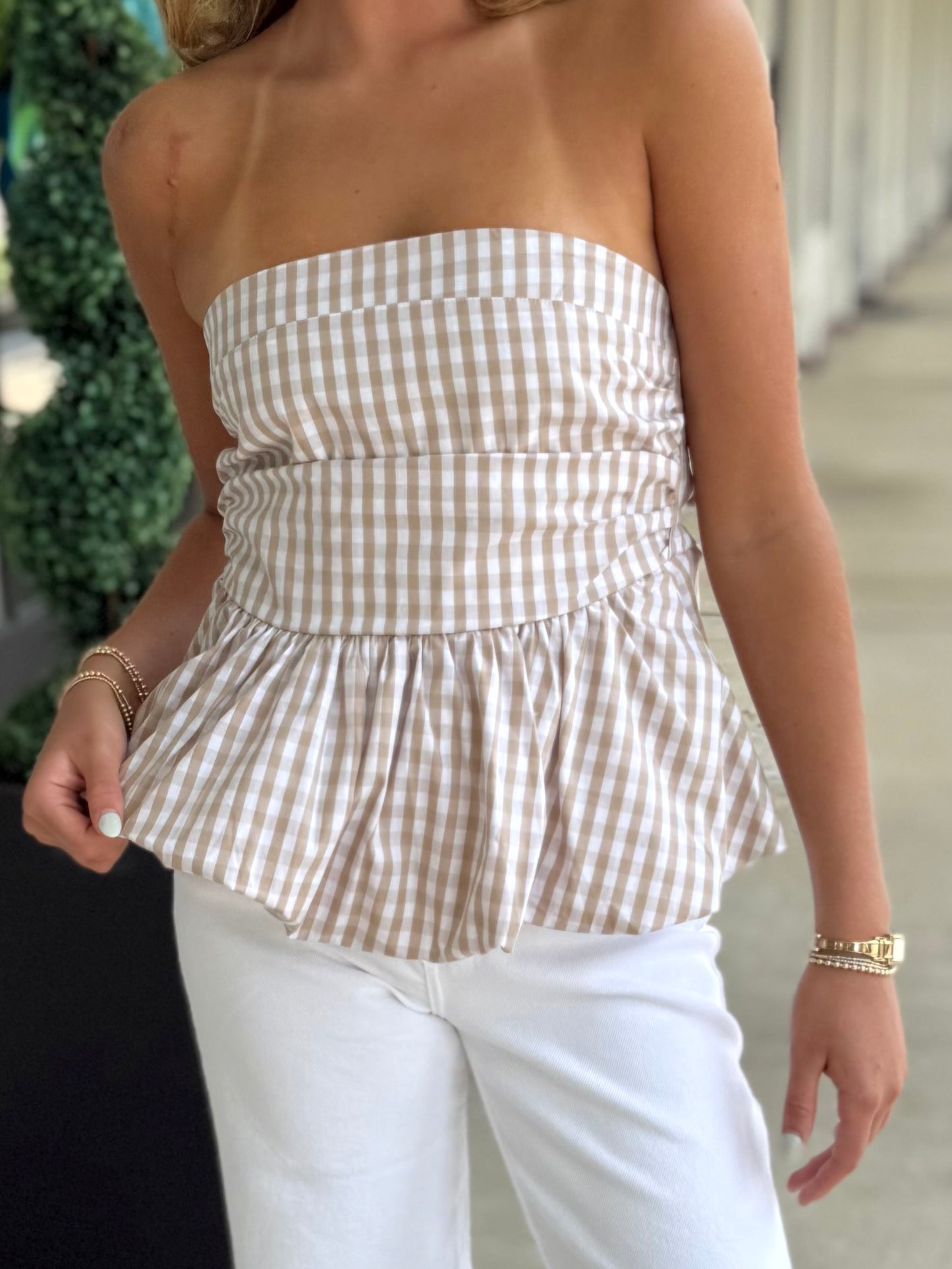 Beige Gingham Bubble Top