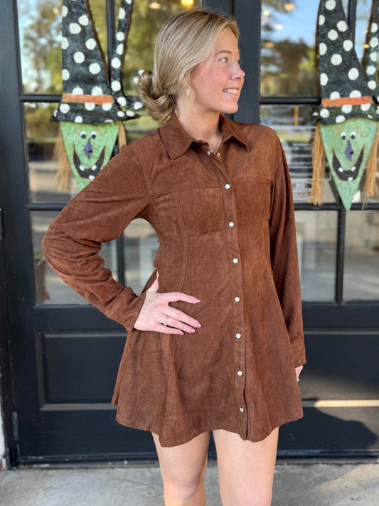 Brown Button Down Suede Dress