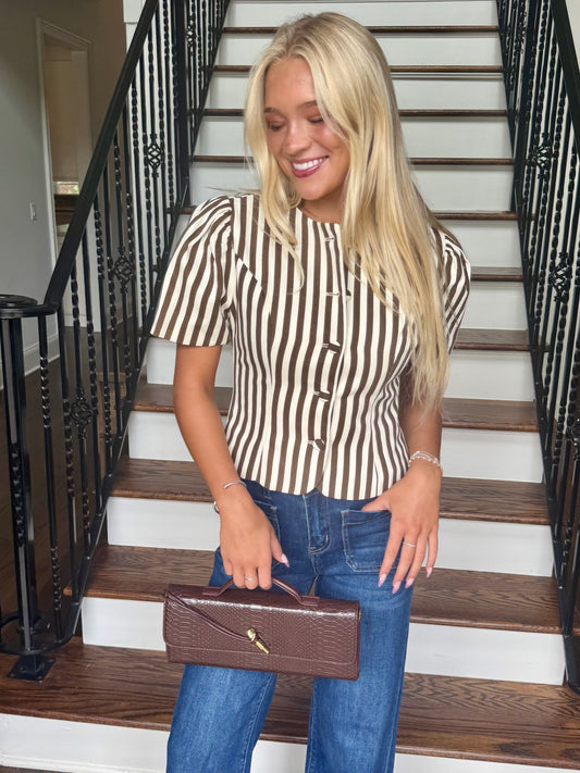 Brown Stripe Button-Up Top