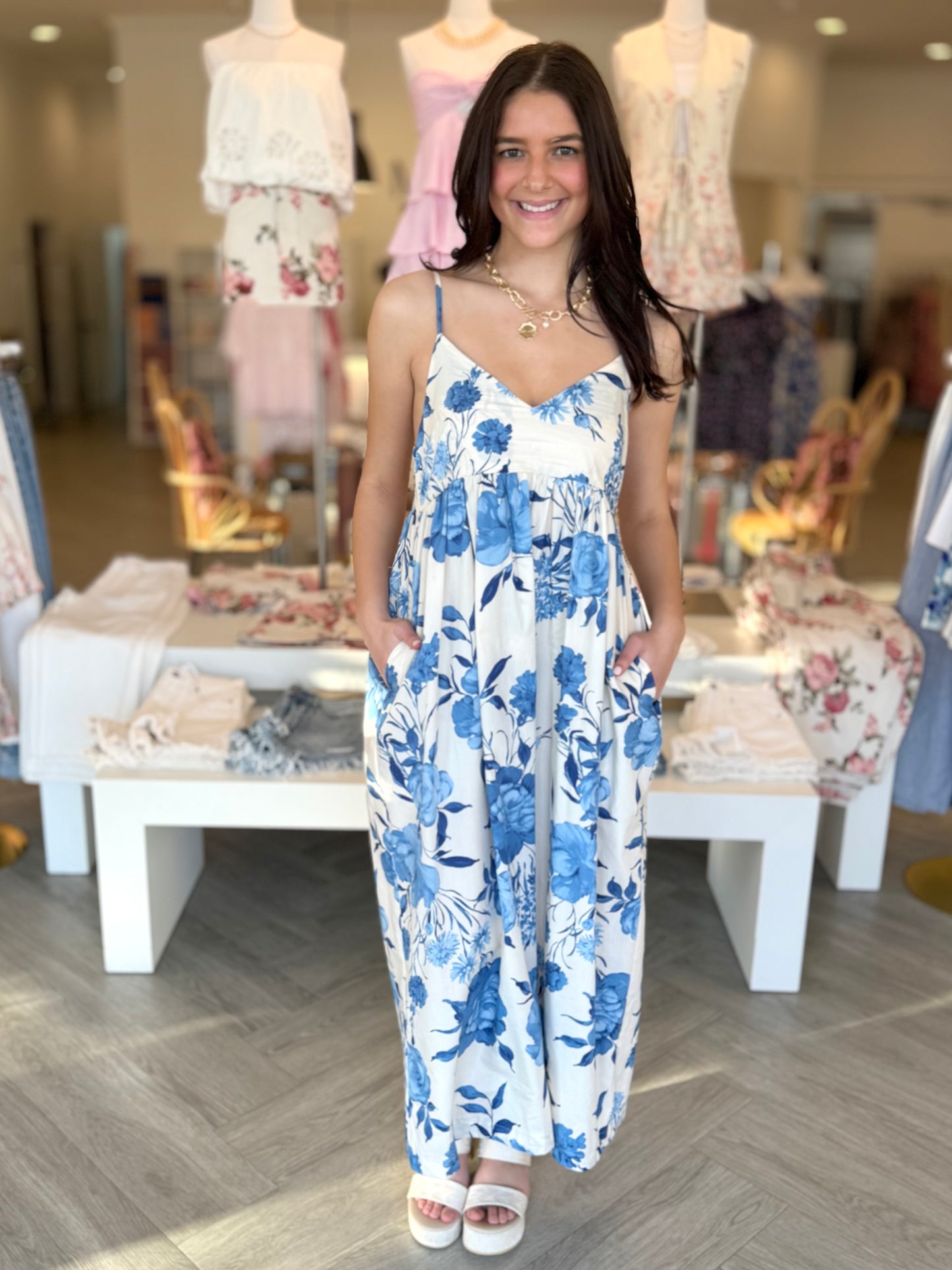 Cream/Blue Hydrangea Midi