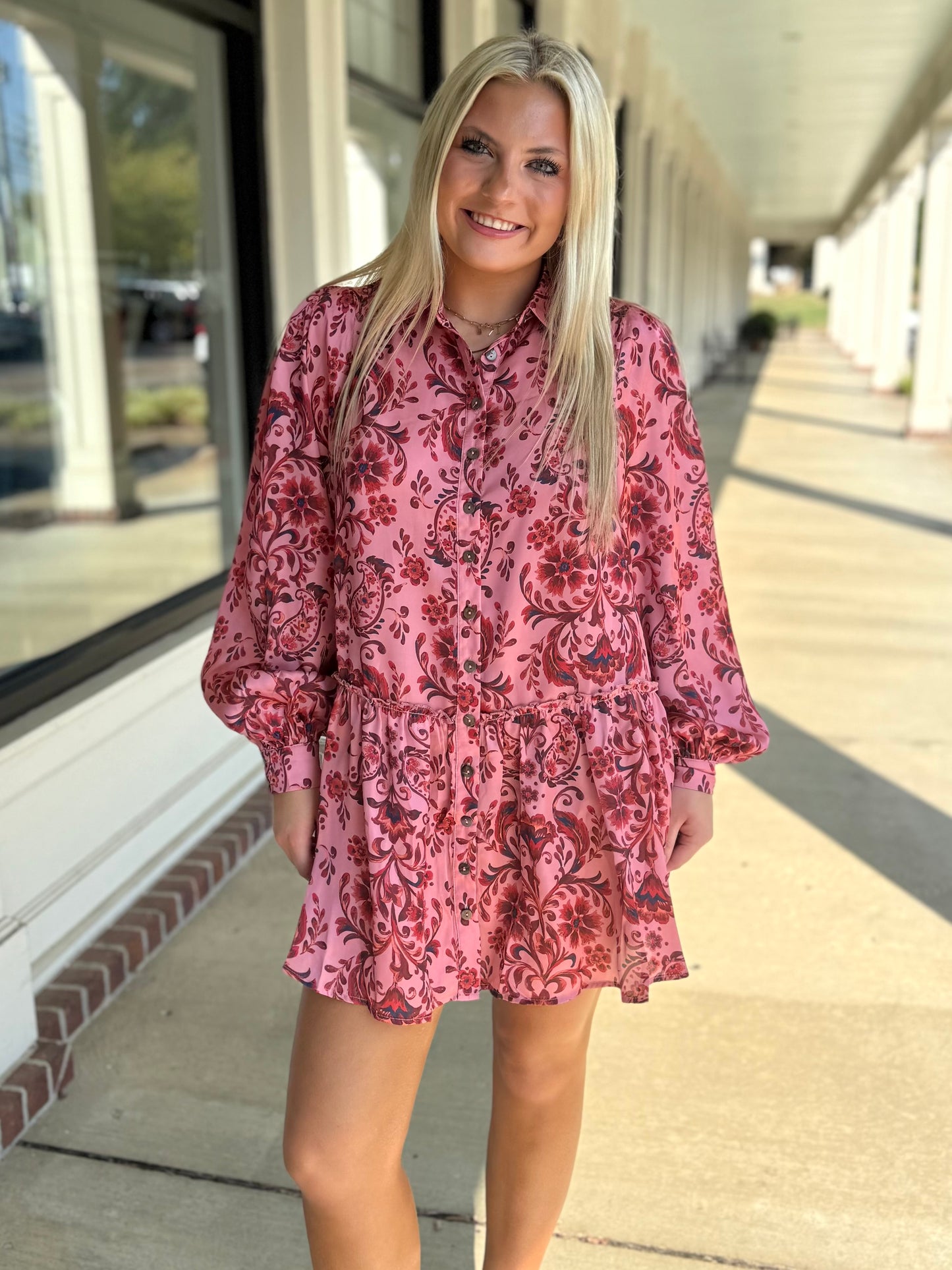 Salmon Red L/S Paisley Dress