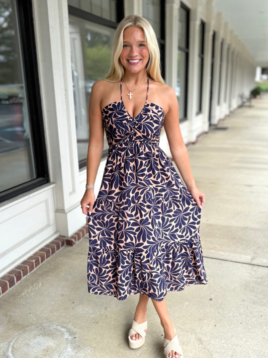 Navy/Clay Geometric Tiered Midi