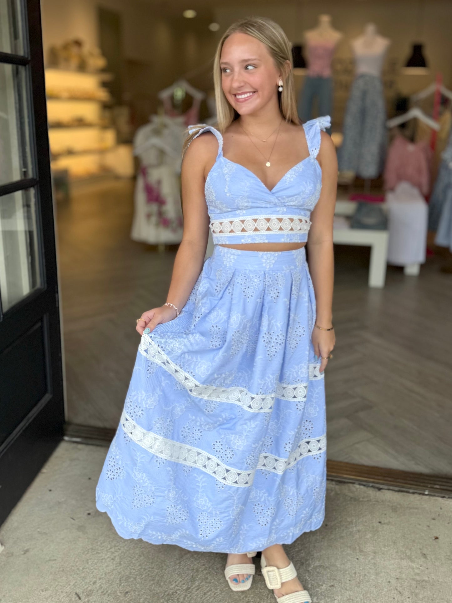 Blue Eyelet Ruffle Crop Top