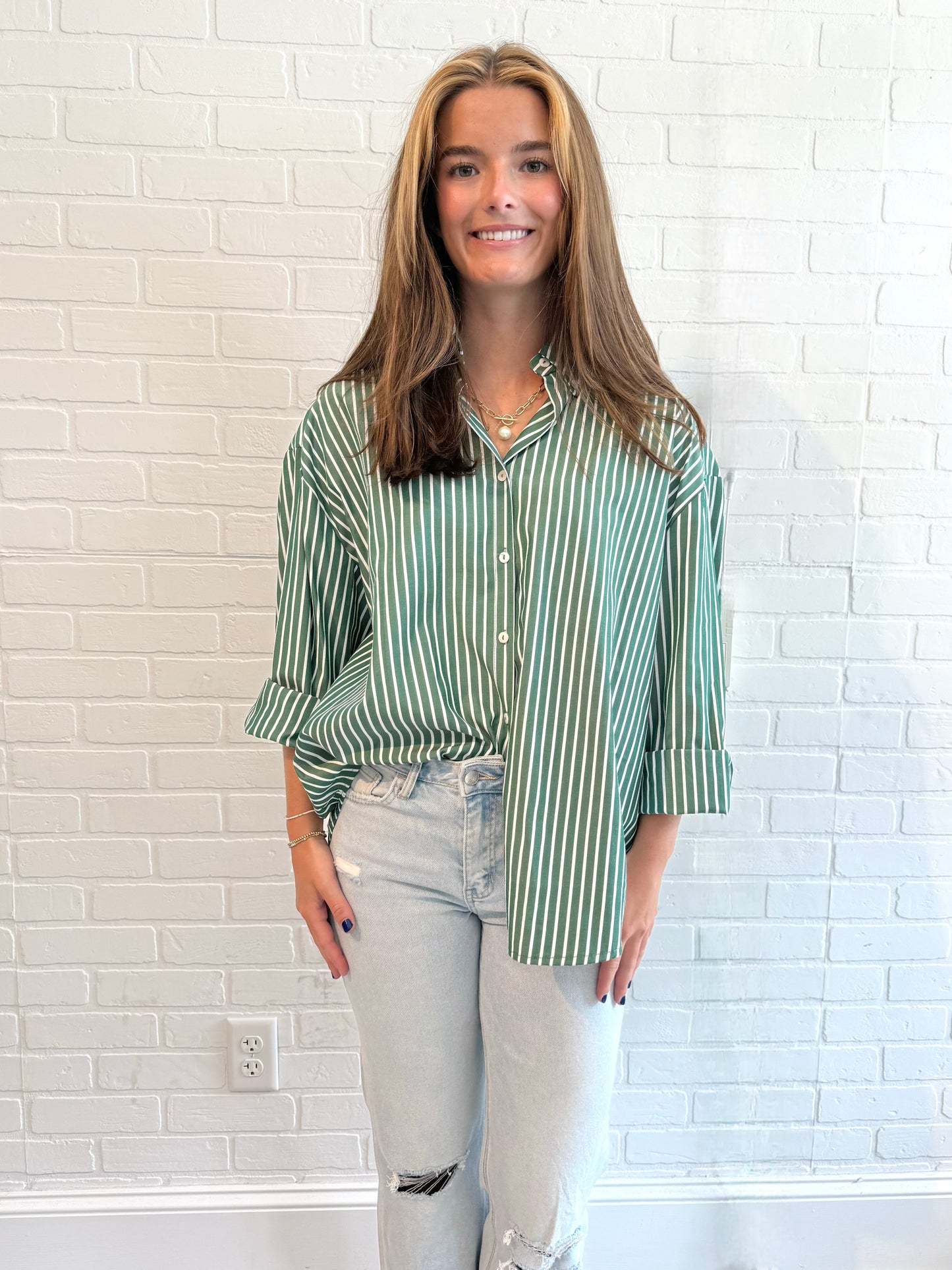 Green/White Stripe Button Down