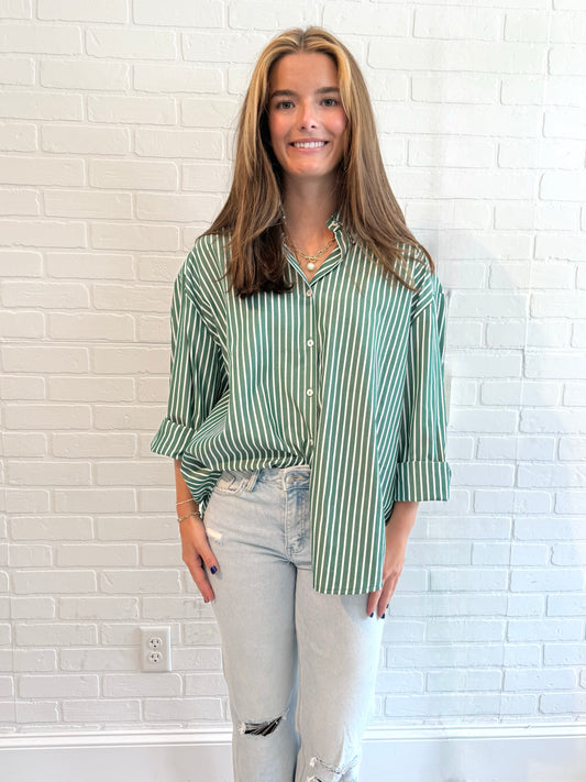 Green/White Stripe Button Down