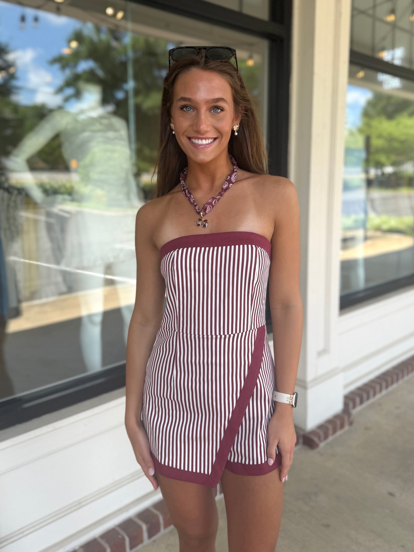 Denim Maroon Stripe Romper