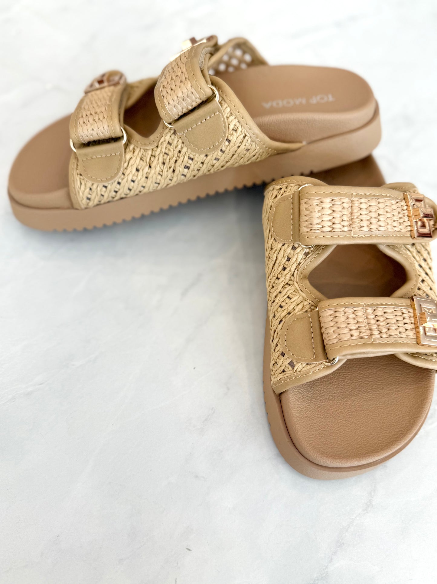 Beige Raffia Double Strap Sandal