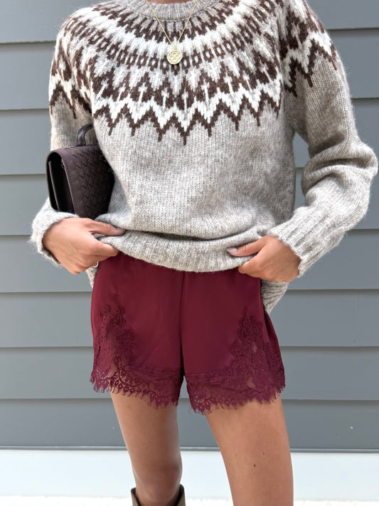 Burgundy Lace Trim Short