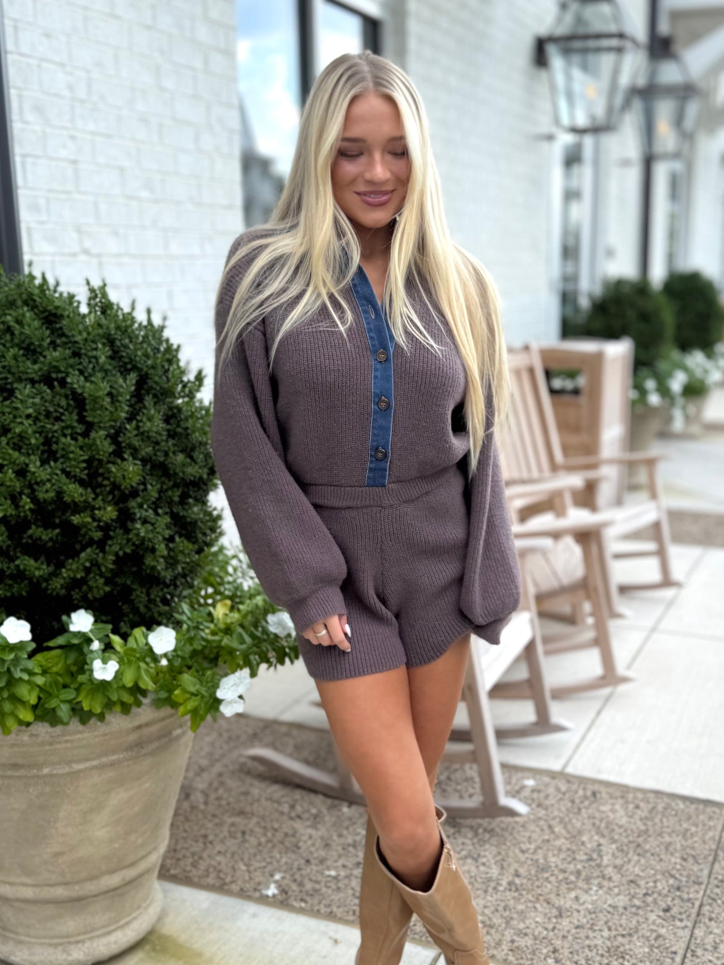 Brown Denim Trim Sweater Romper