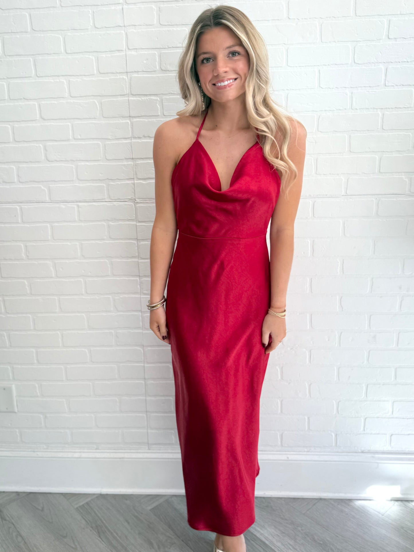 Red Cowl Neck Satin Midi