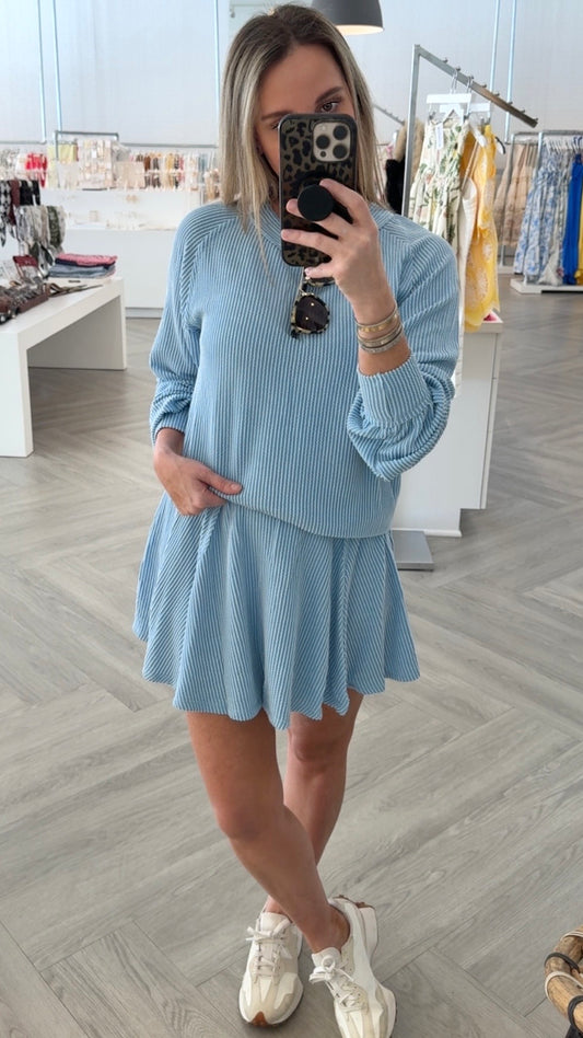 Blue Corded Lantern Sleeve Top