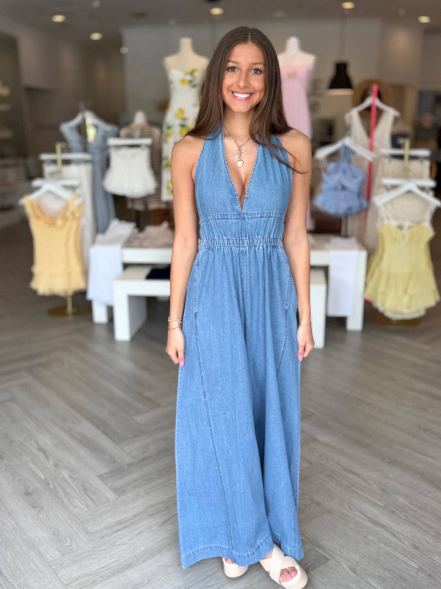 Denim Halter Neck Jumpsuit
