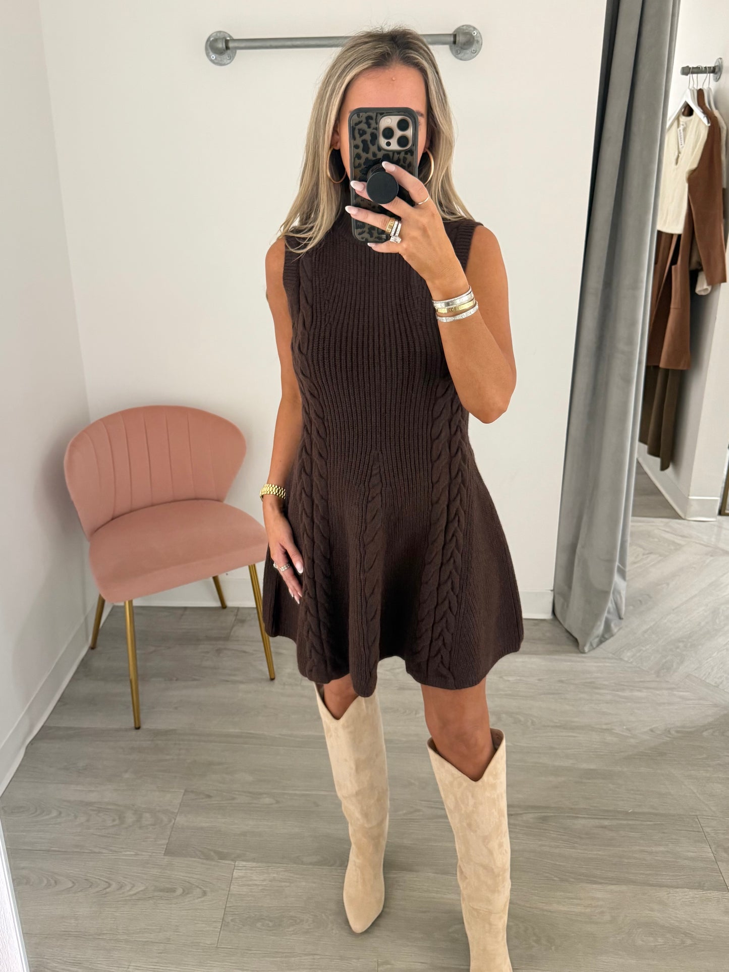 Brown Cable Knitted Flare Mini Dress