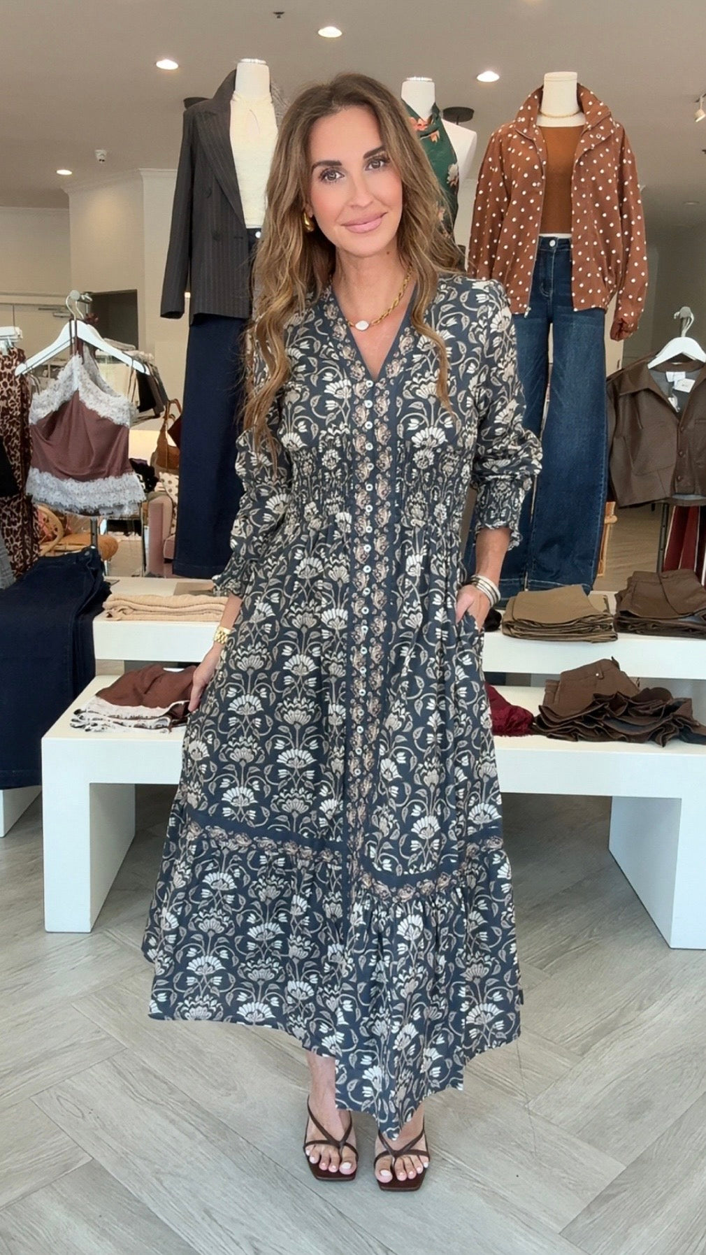 Navy Floral Print Smock Midi