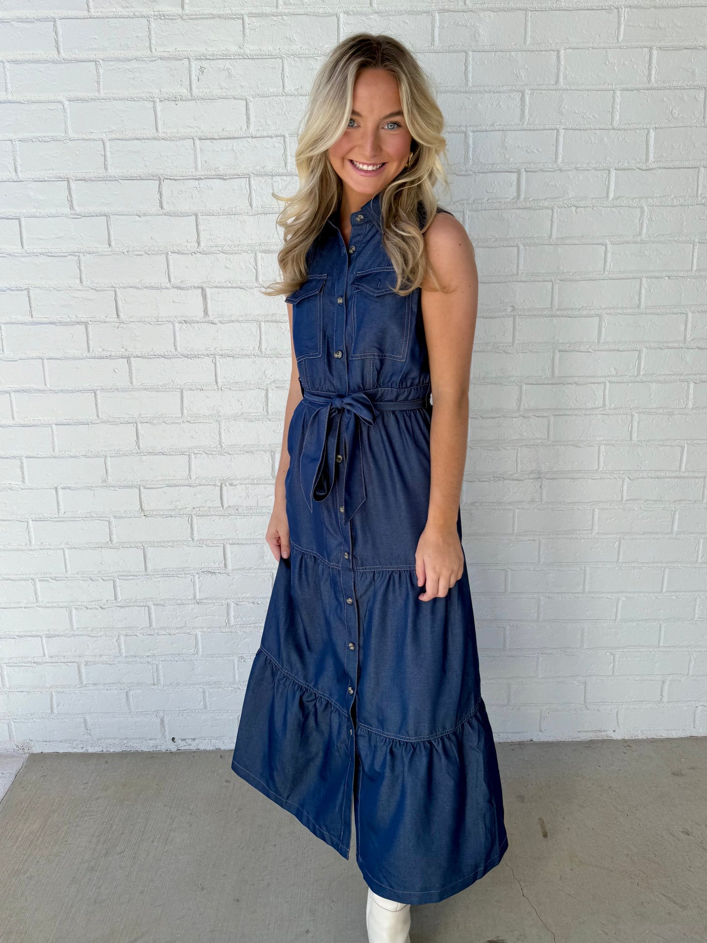 Denim Belted Ruffle Maxi