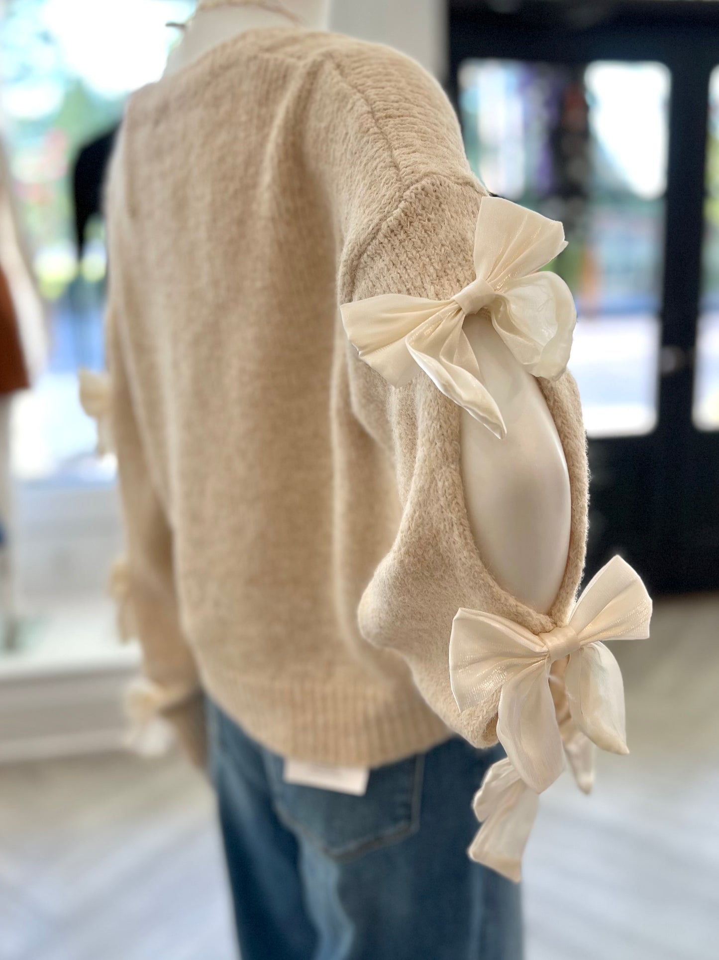 Taupe Satin Bow Sweater