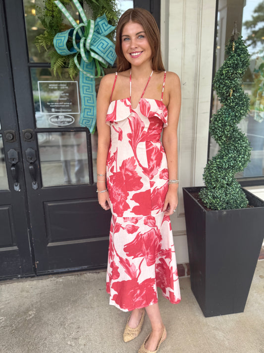 Red Floral Ruffle Maxi
